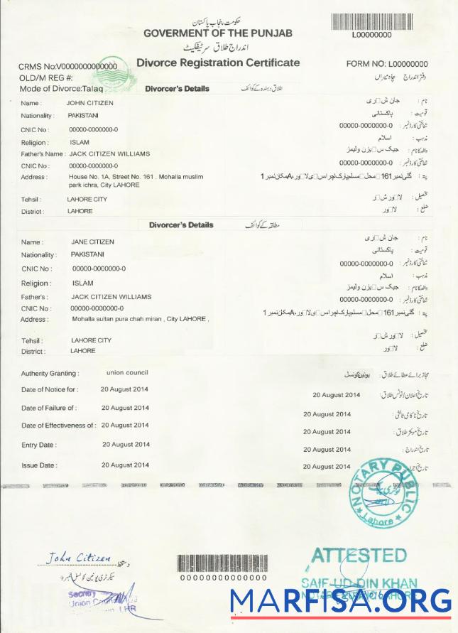 Realistic PAKISTAN (Punjab) divorce certificate real example